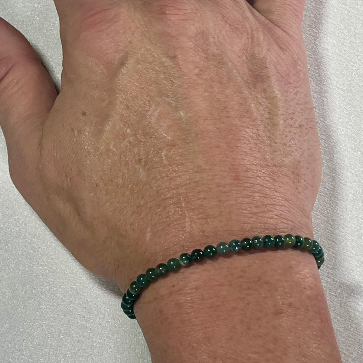 Moss Agate smooth round 4mm, 6.5mm and 8.5mm bead stretch bracelet