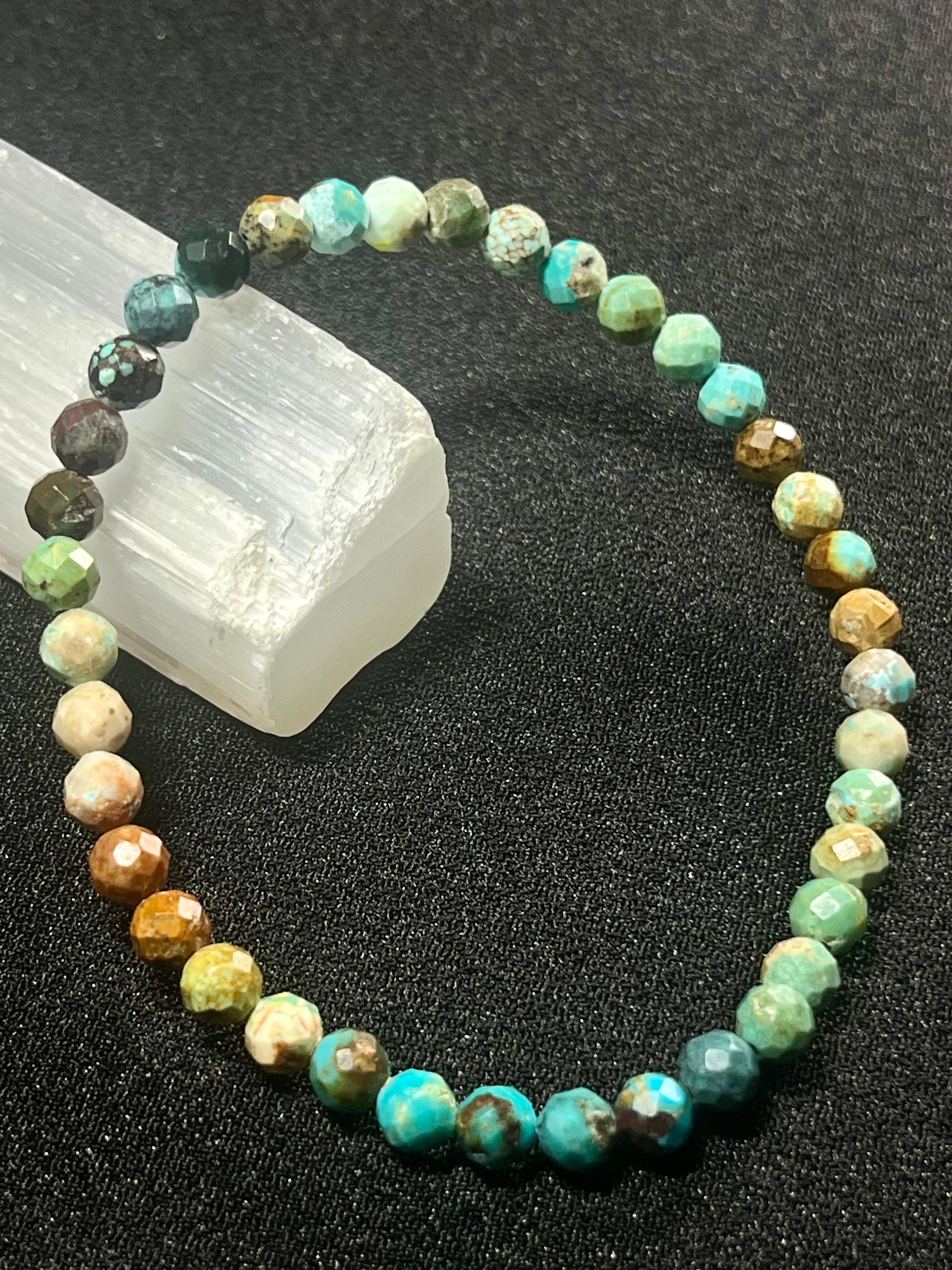 Turquoise gradient color style faceted round 5mm bead stretch bracelet; December birthstone