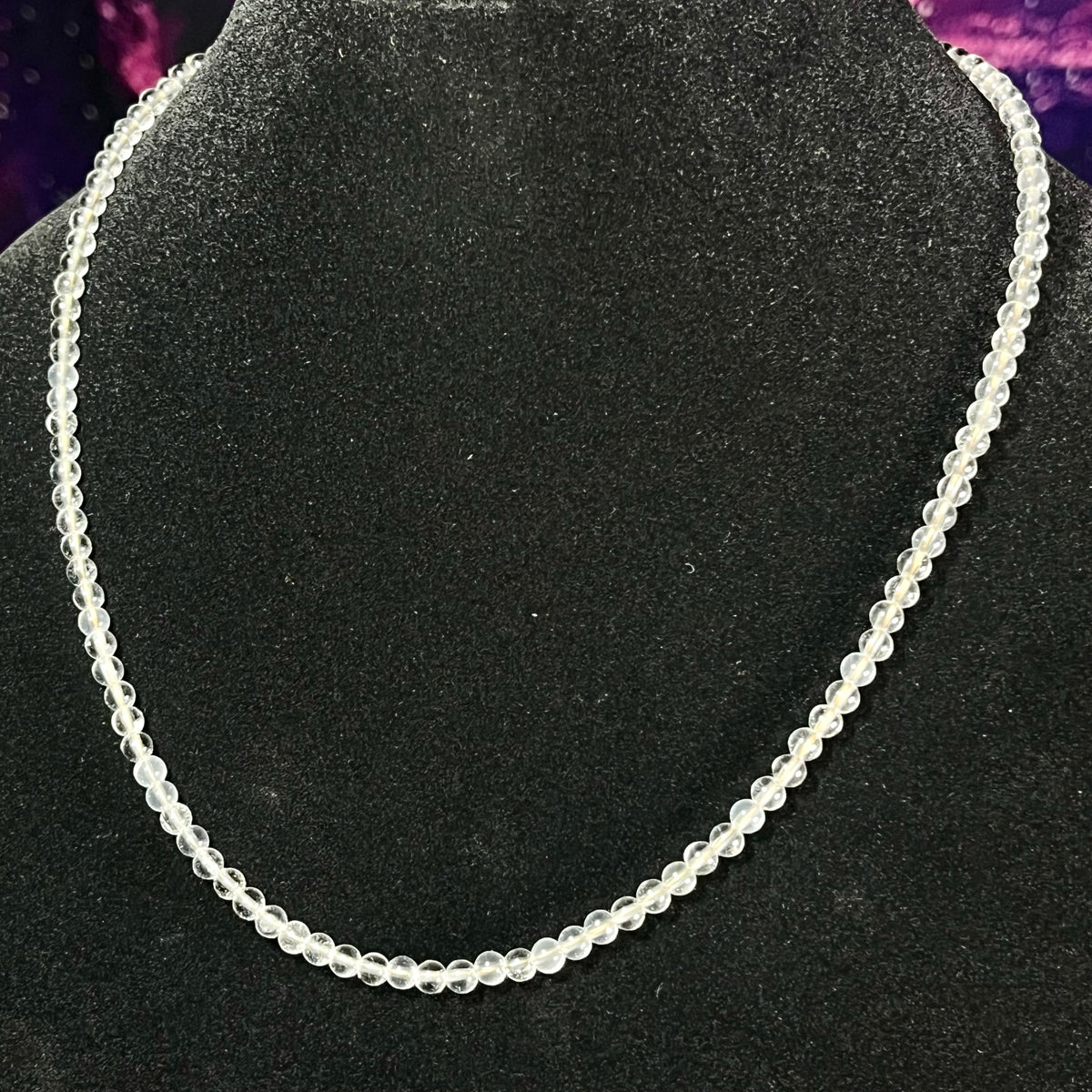 Clear Crystal Quartz smooth round 4mm bead 21” adjustable necklace w/ 18k gold clasp & extension chain; April birthstone (premium grade)