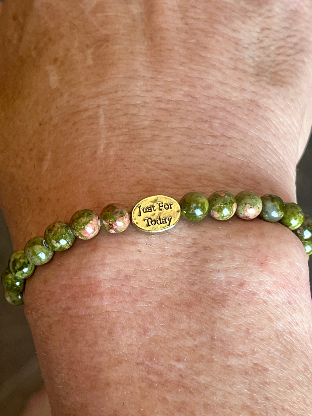 Recovery themed bracelets - Unakite smooth round 6mm bead stretch bracelets w/ focal bead Clean & Serene (silver), Gratitude (silver), Just For Today (gold), NA symbol (silver)