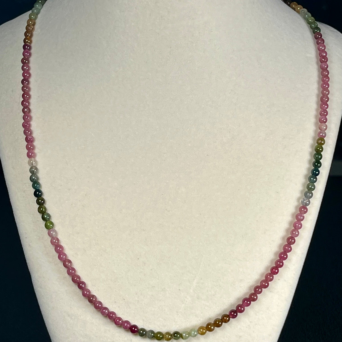 Multi Tourmaline ombre-style smooth round 4mm bead 23” necklace w/ 18k gold clasp & adjustable extension chain (premium grade); October birthstone