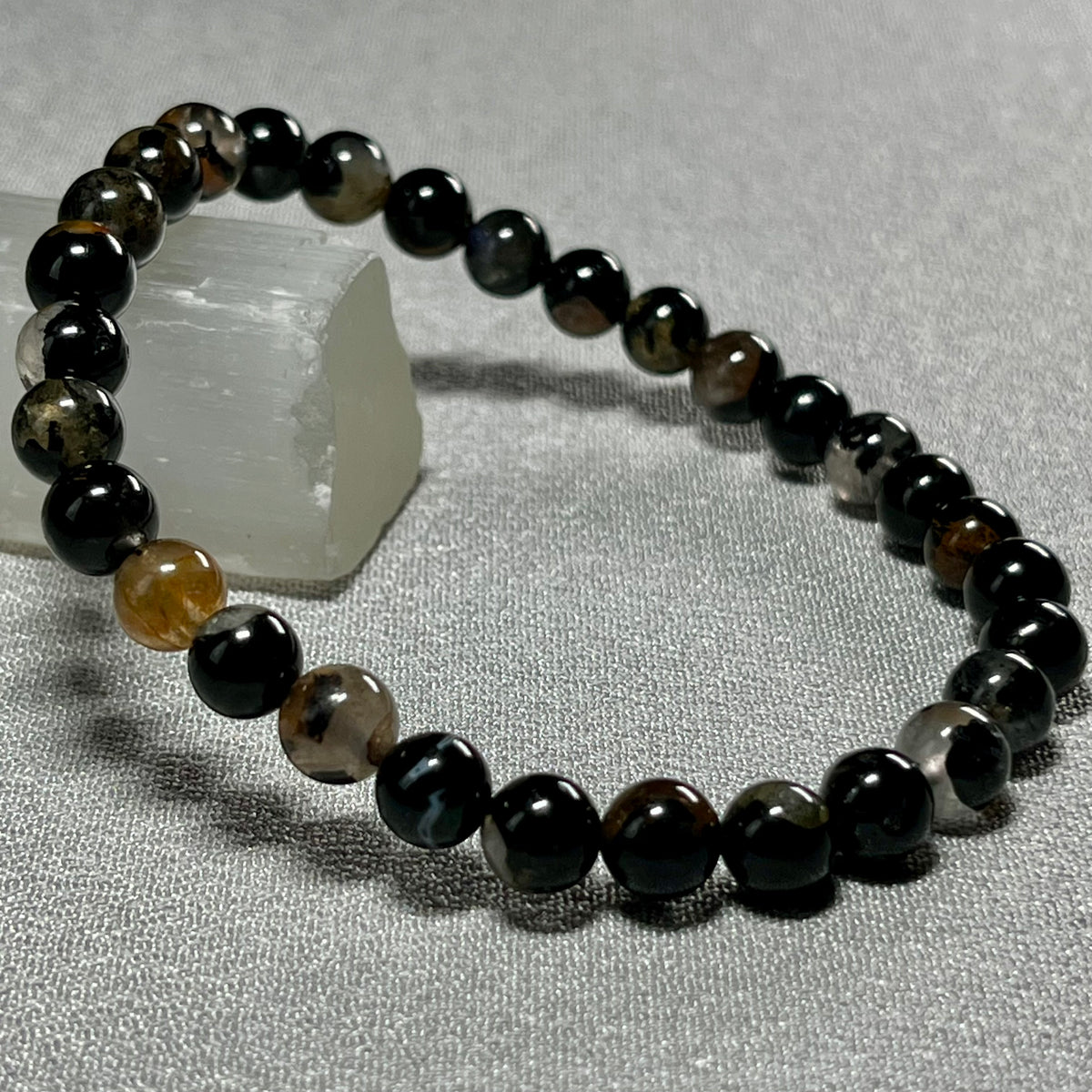 Sunset Black Tourmaline smooth round 6mm bead stretch bracelet; Tourmaline October birthstone