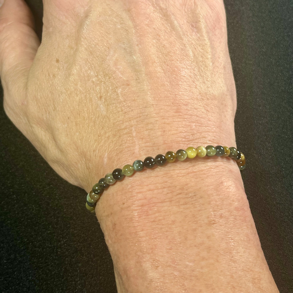 Blue & Golden Tiger’s Eye smooth round 4mm, 6mm, and 8mm bead stretch bracelet