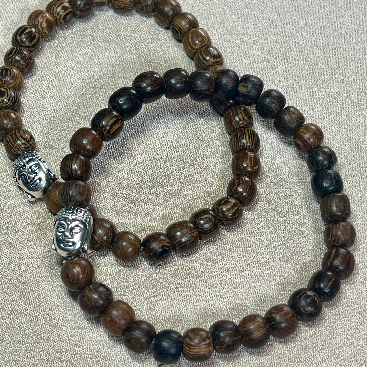 Philippines Robles Wood round 6mm bead stretch bracelet w/ silver Buddha focal