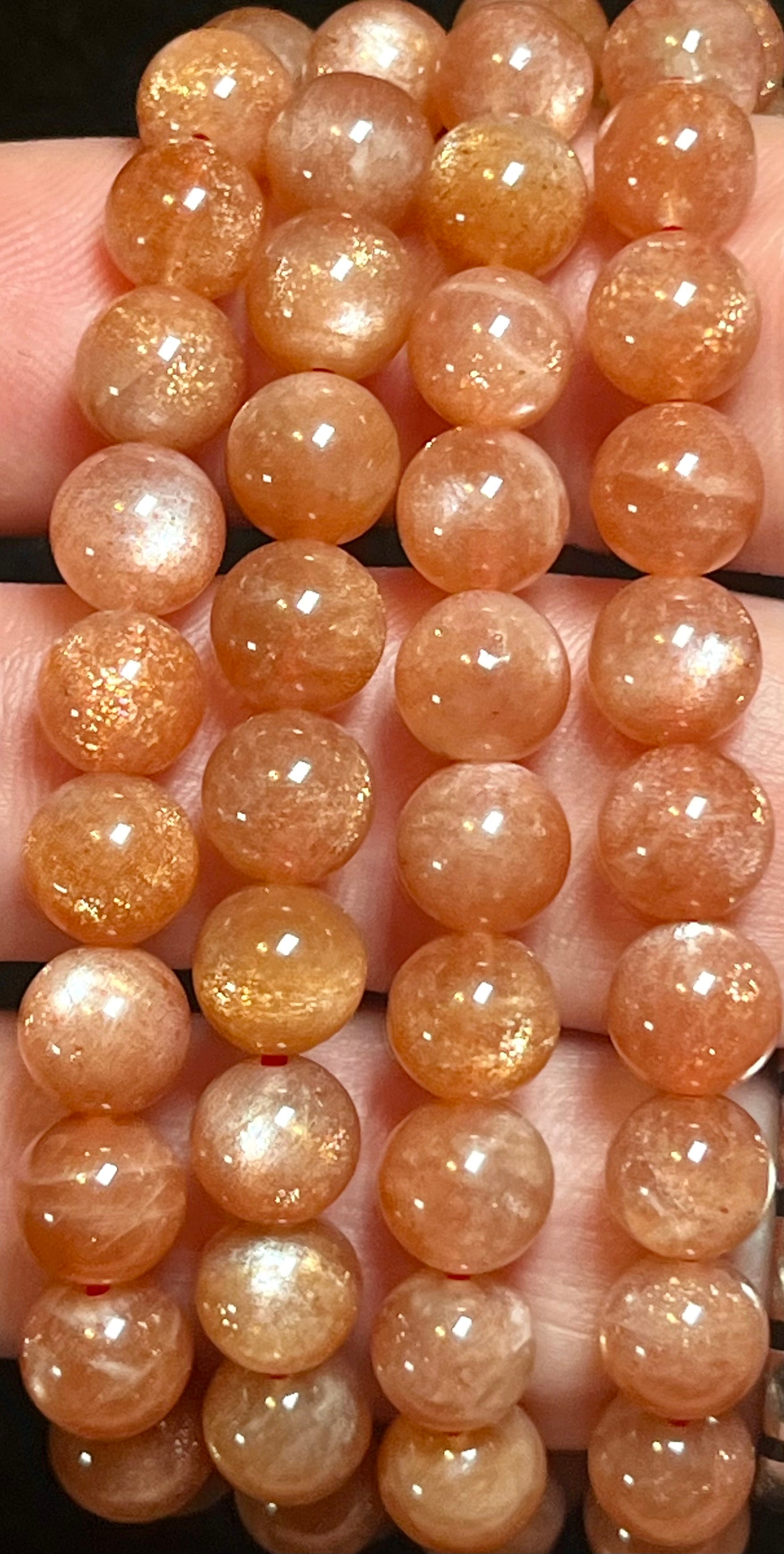 Sunstone w/ Moonstone adularescence flash smooth round 8mm bead stretch bracelet (AAA grade)