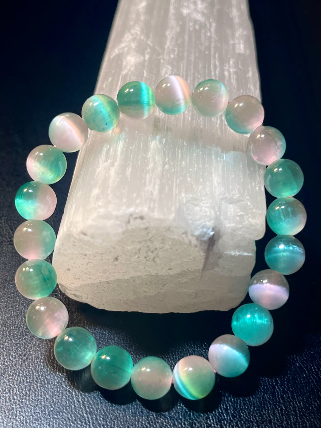 Sea Green & Light Pink Selenite smooth round 8mm bead stretch bracelet (dyed)