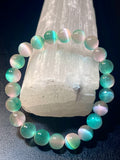 Sea Green & Light Pink Selenite smooth round 8mm bead stretch bracelet (dyed)
