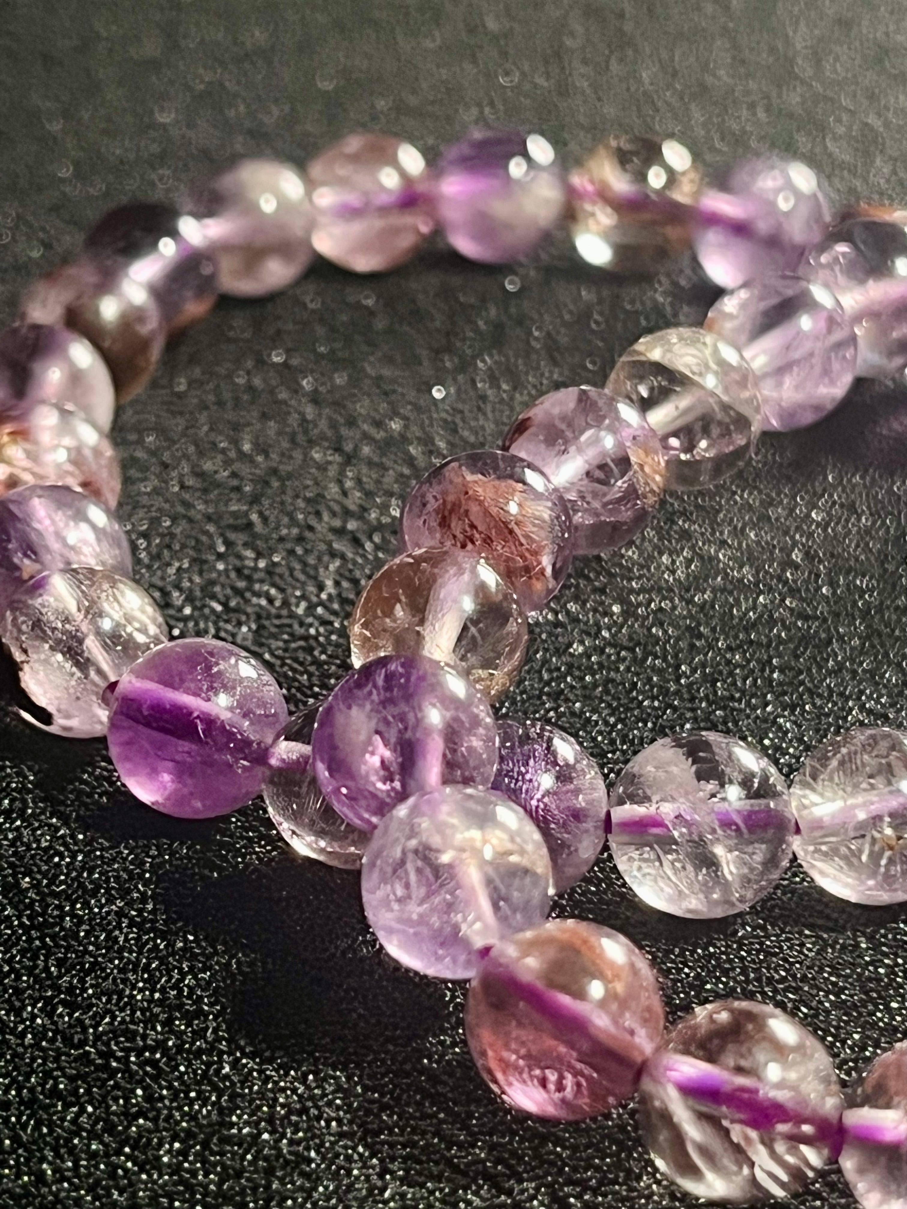 Purple Ghost Quartz (Phantom Quartz) smooth round 8mm bead stretch bracelet