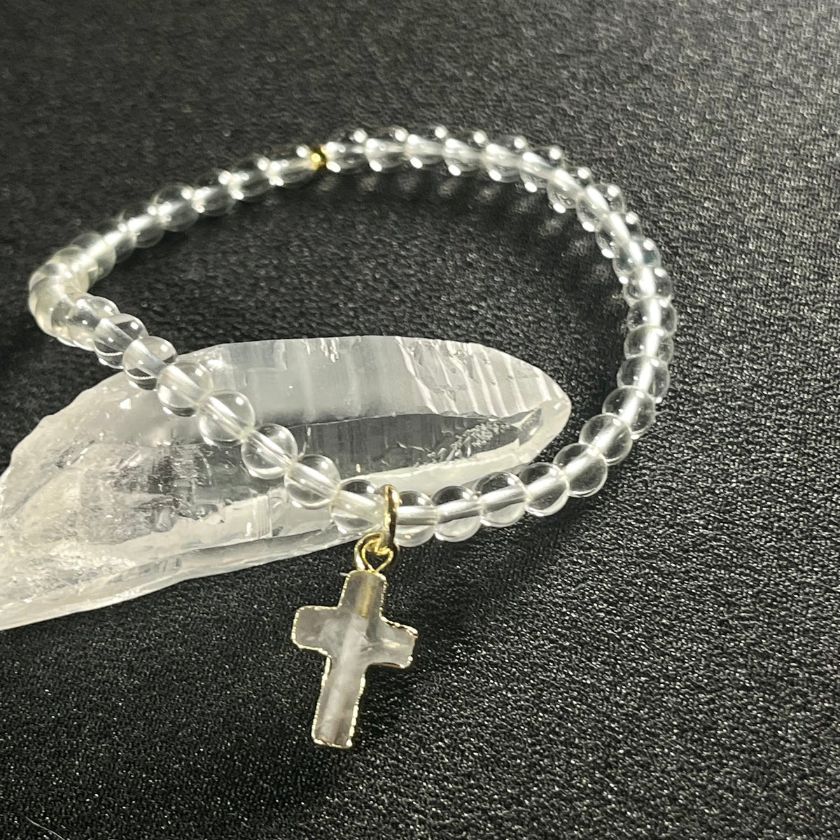 Clear Quartz smooth round 4mm single stretch bracelet w/ Clear Quartz cross charm gold finish & 24k gold spacer