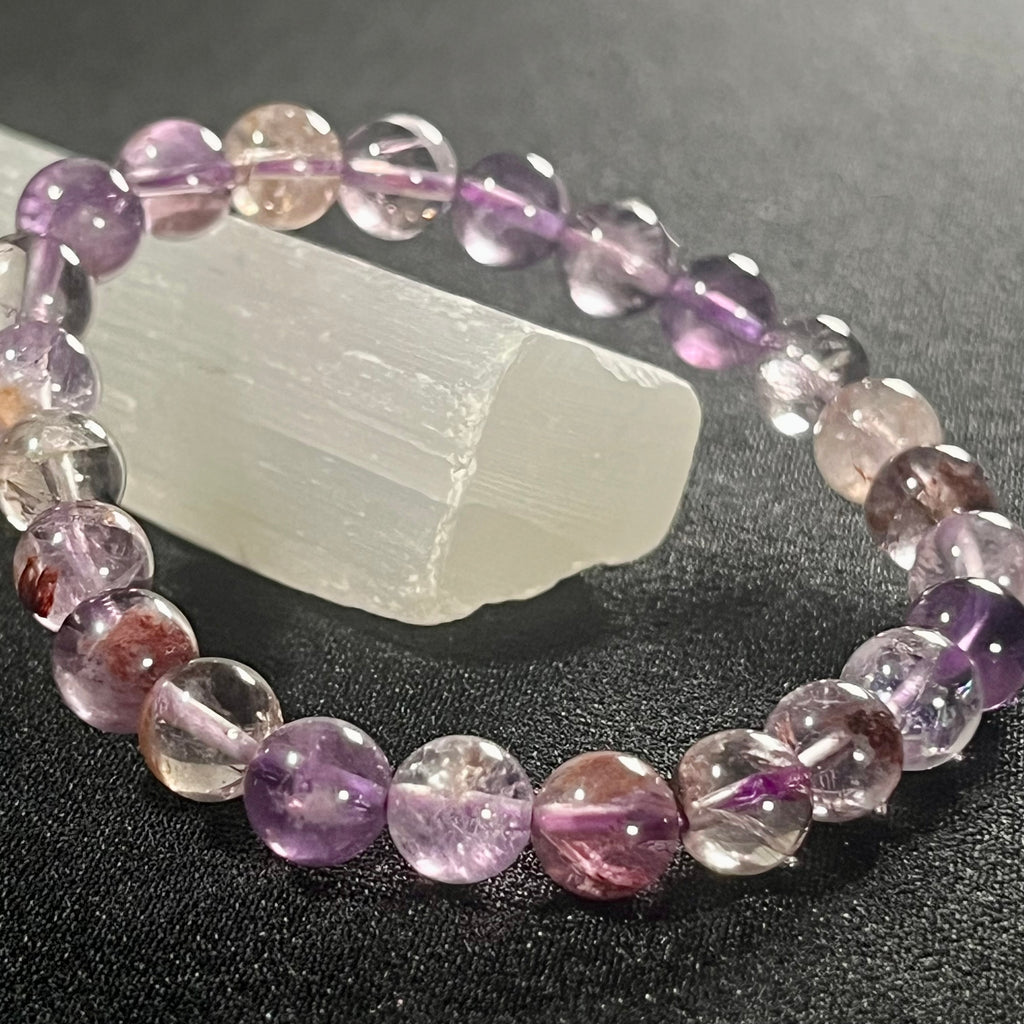 Purple Ghost Quartz (Phantom Quartz) smooth round 8mm bead stretch bracelet