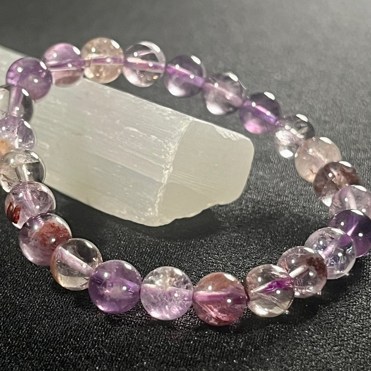 Purple Ghost Quartz (Phantom Quartz) smooth round 8mm bead stretch bracelet