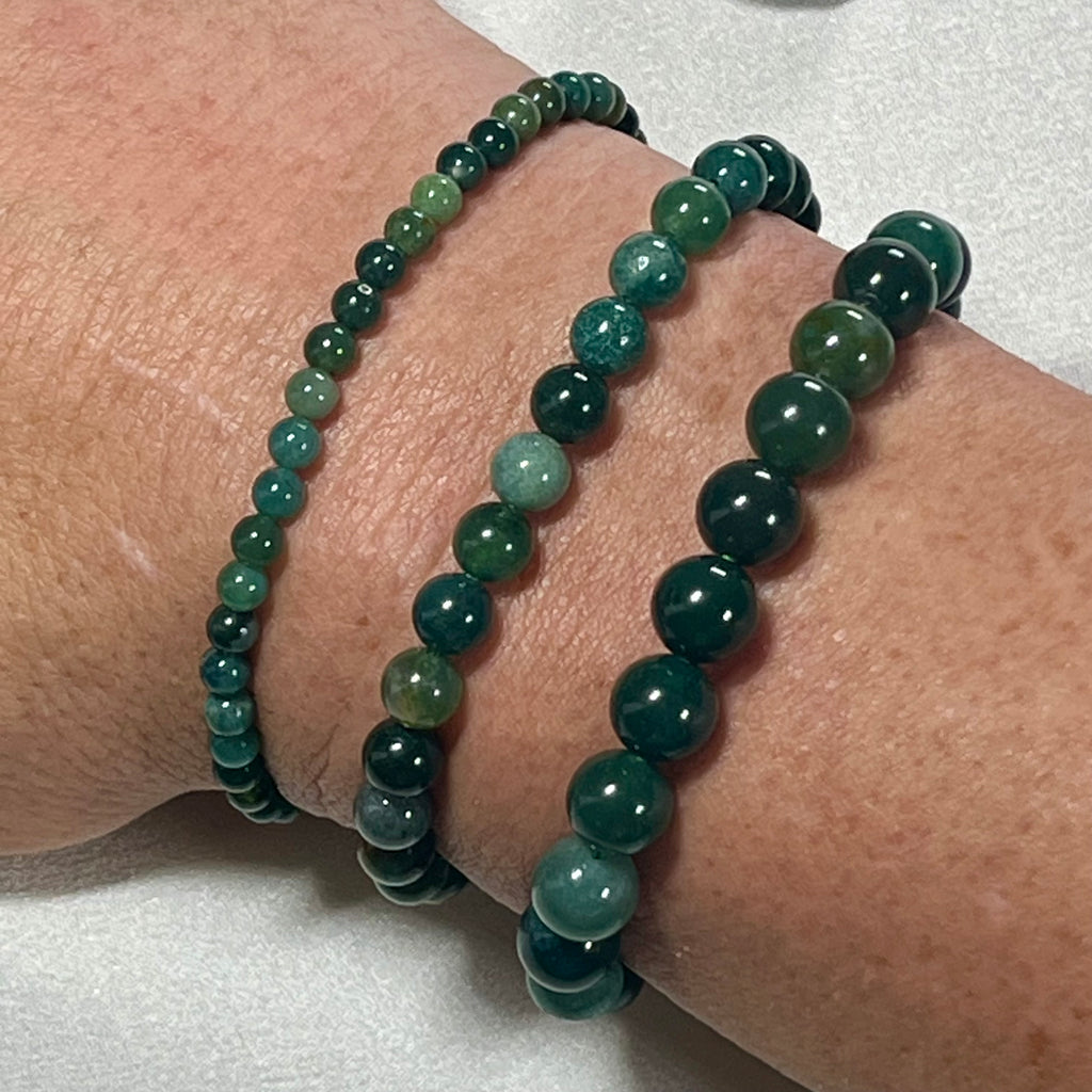 Moss Agate smooth round 4mm, 6.5mm and 8.5mm bead stretch bracelet