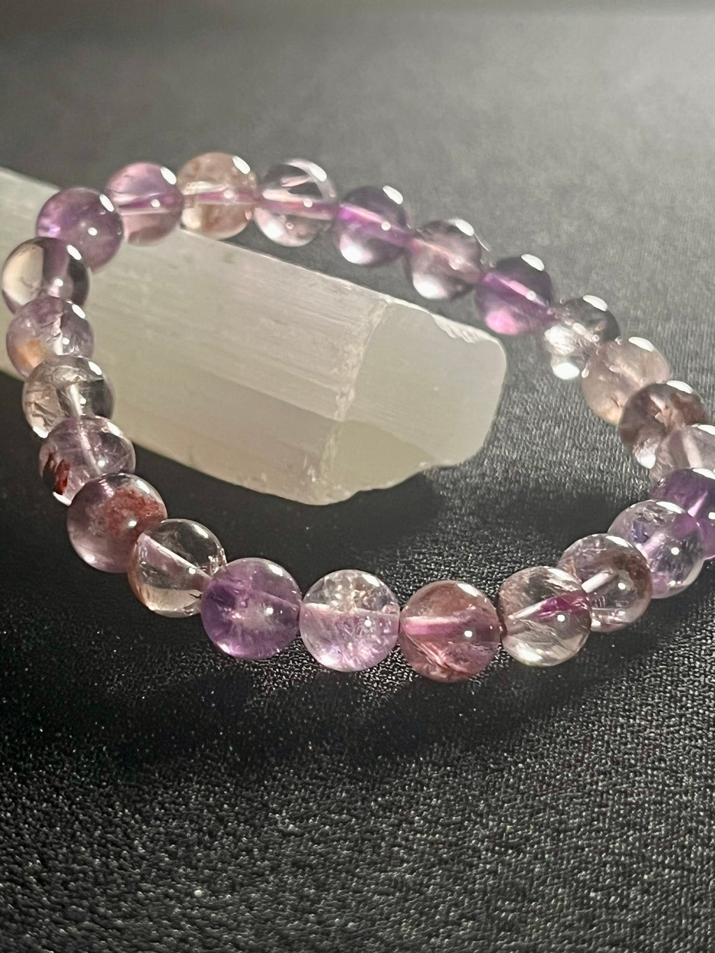 Purple Ghost Quartz (Phantom Quartz) smooth round 8mm bead stretch bracelet