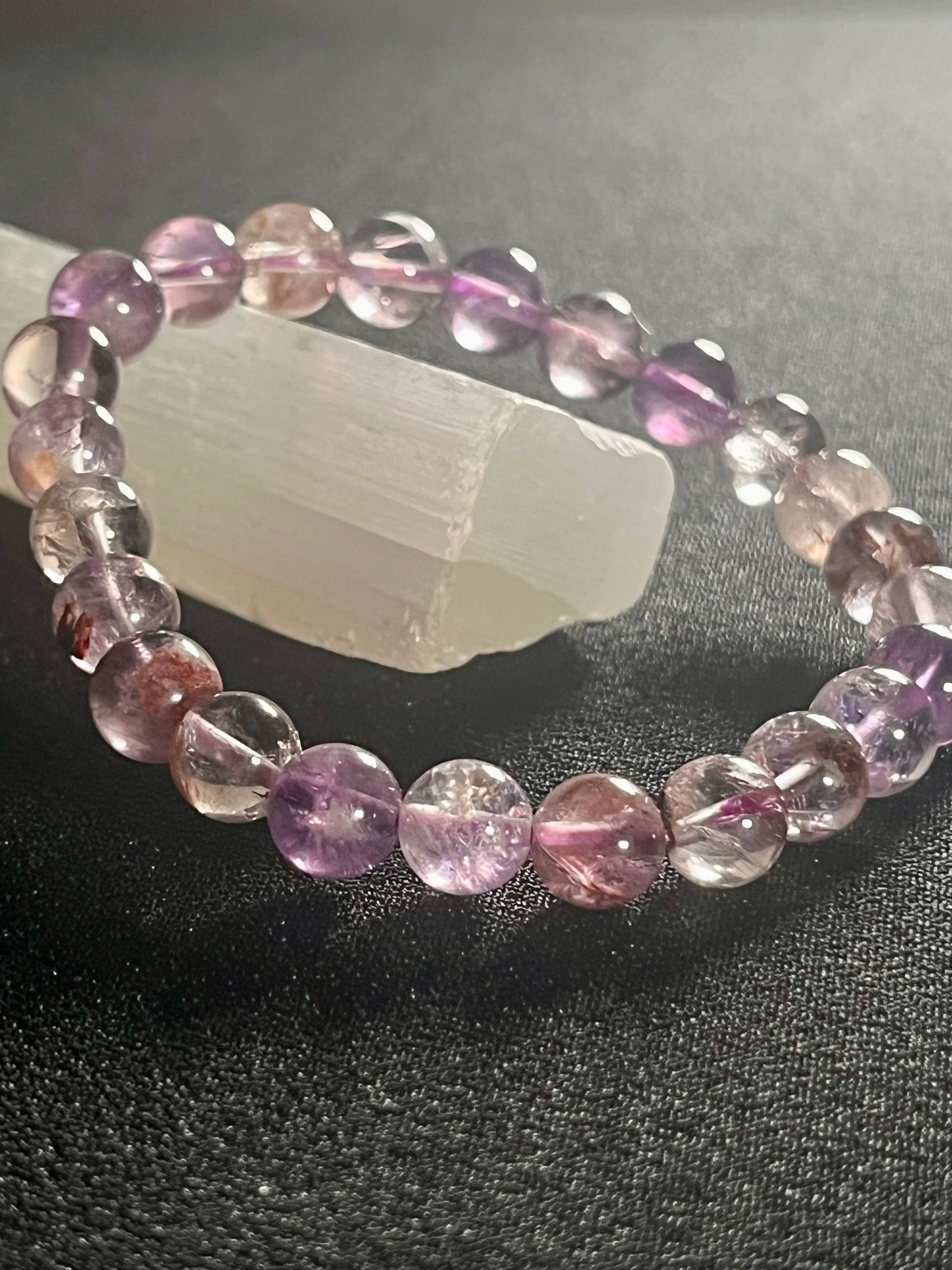 Purple Ghost Quartz (Phantom Quartz) smooth round 8mm bead stretch bracelet