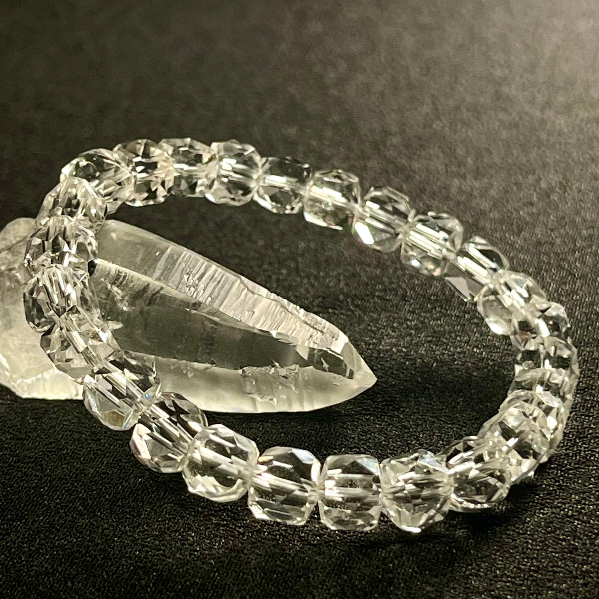 Clear Crystal Quartz microfaceted cube 7mm bead stretch bracelet; April birthstone