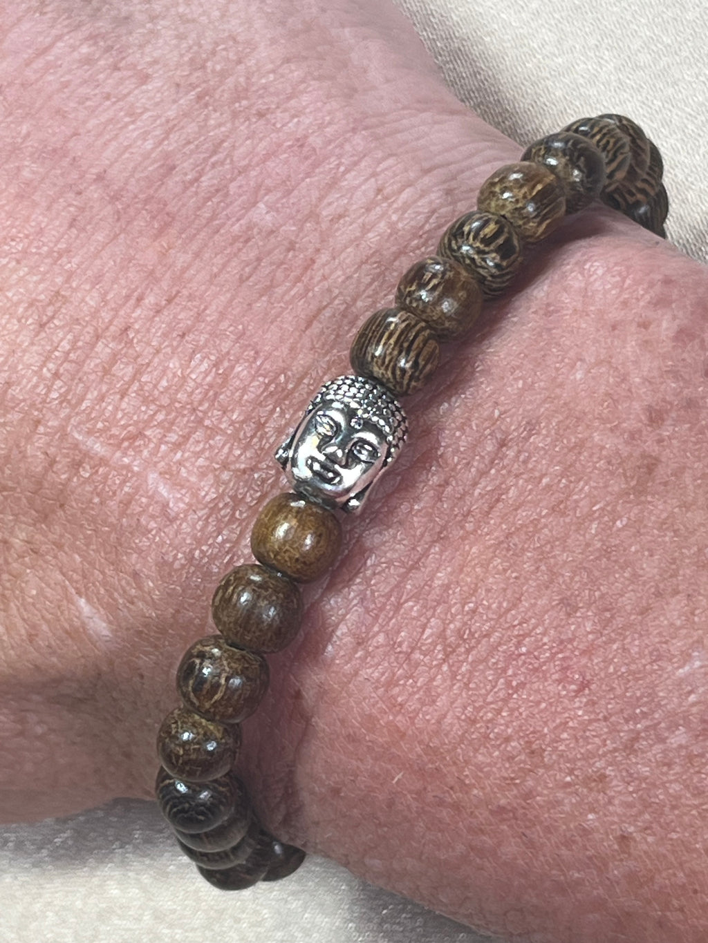 Philippines Robles Wood round 6mm bead stretch bracelet w/ silver Buddha focal