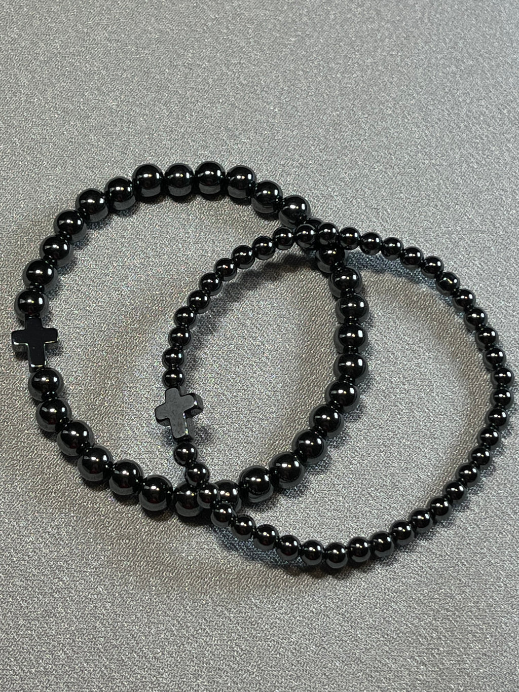 Hematite smooth round 4mm and 6mm bead stretch bracelets w/ Hematite Christian cross focal beads