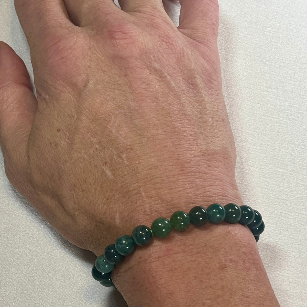 Moss Agate smooth round 4mm, 6.5mm and 8.5mm bead stretch bracelet