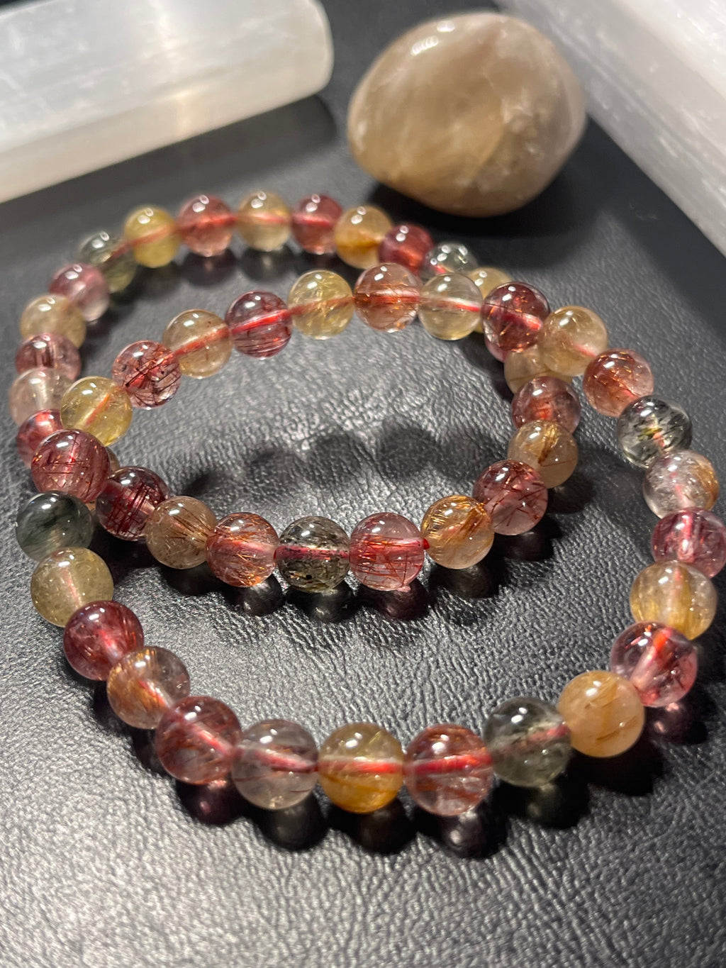 Strawberry, Golden, & Green Rutilated Quartz smooth round 7mm bead stretch bracelet
