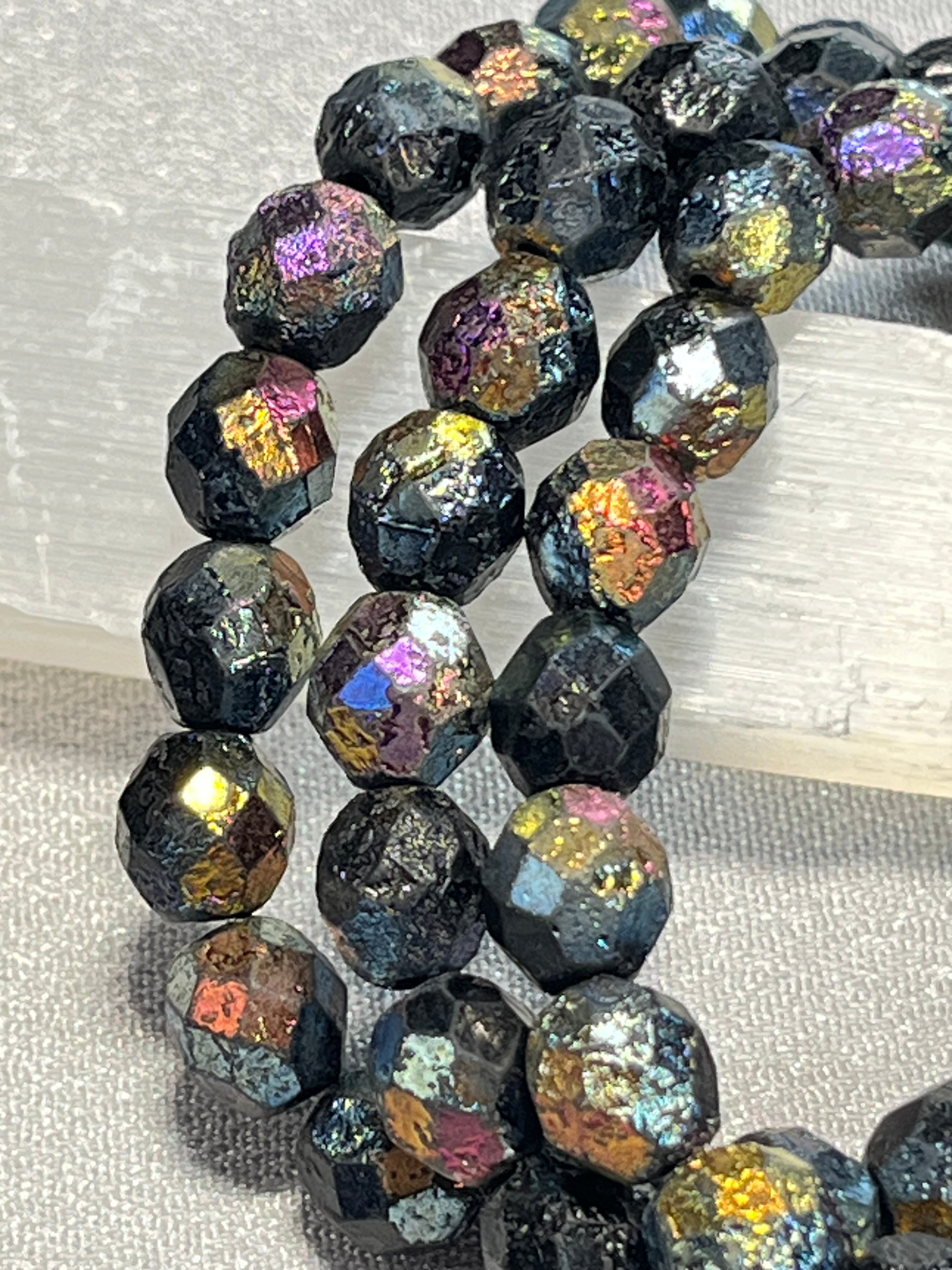 Czech Glass matte textured Jet Black Rainbow AB Fire Polished round 8mm bead stretch bracelet