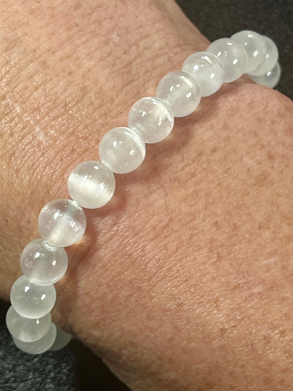 Satin Spar Selenite smooth round 6mm, 8mm bead stretch bracelet (premium grade)