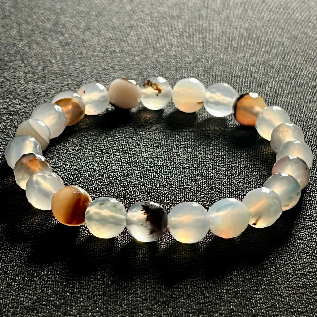 RARE Flower Agate 128 faceted round 8mm bead stretch bracelet (AAA grade)