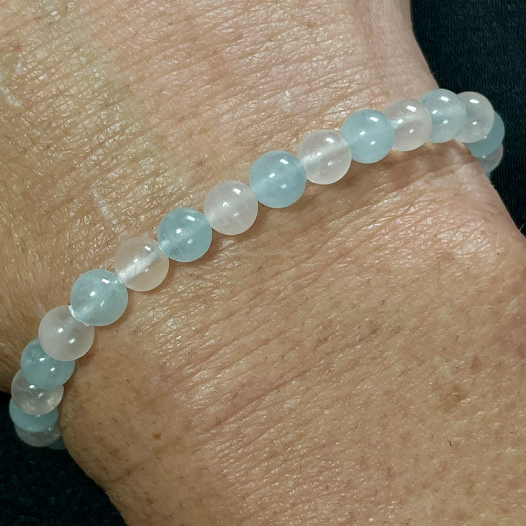 Aquamarine & Madagascar Rose Quartz smooth round 6mm bead heart healing stretch bracelet