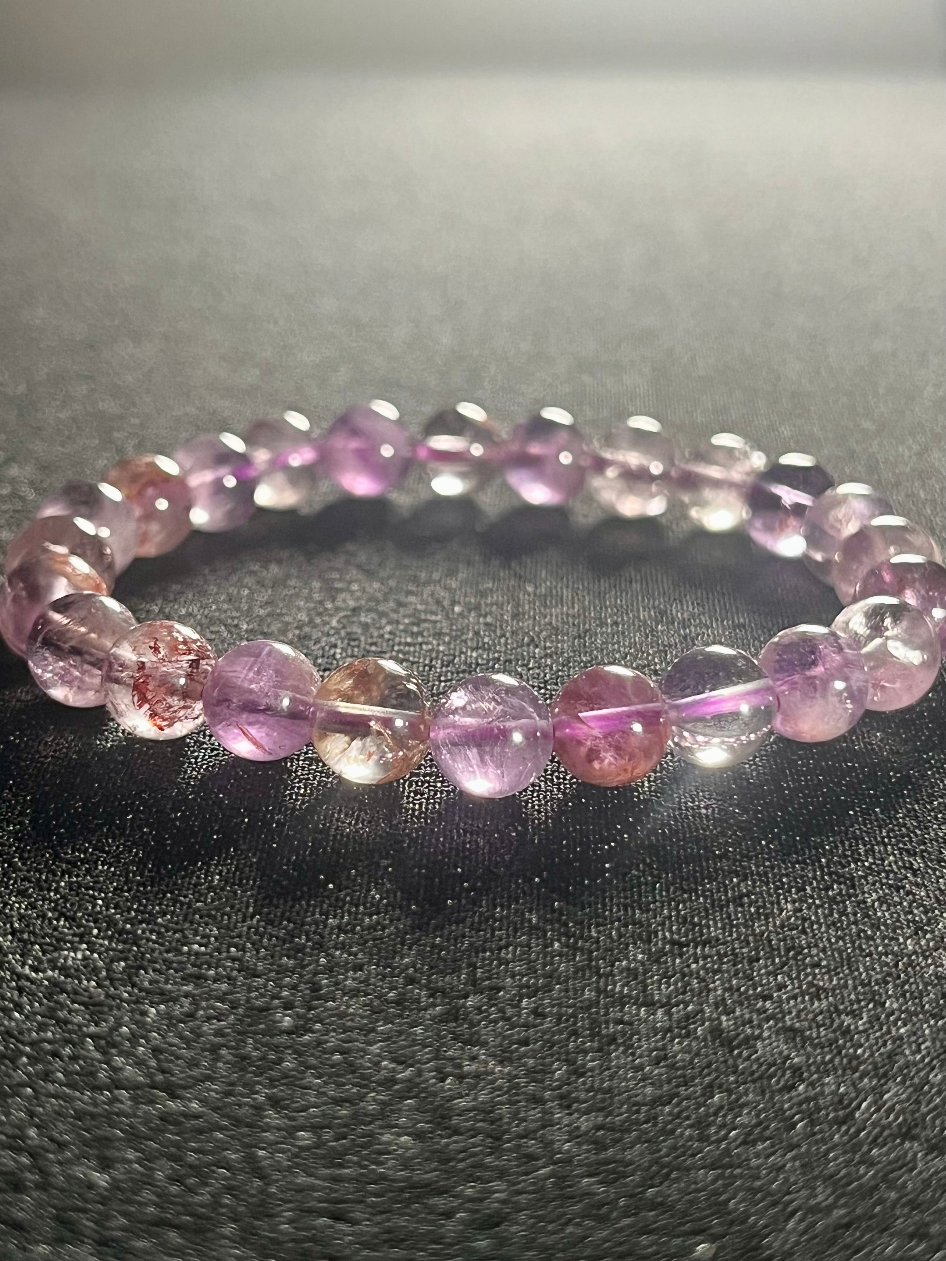 Purple Ghost Quartz (Phantom Quartz) smooth round 8mm bead stretch bracelet