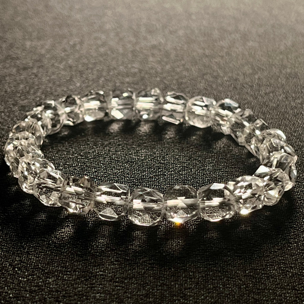 Clear Crystal Quartz microfaceted cube 7mm bead stretch bracelet; April birthstone