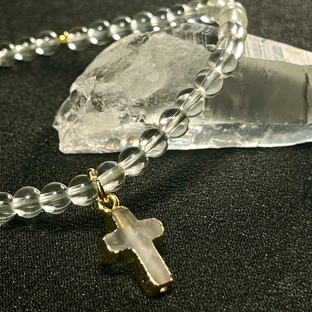 Clear Quartz smooth round 4mm single stretch bracelet w/ Clear Quartz cross charm gold finish & 24k gold spacer