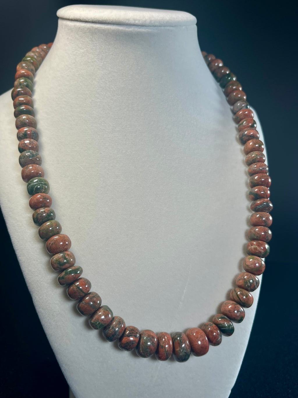 Unakite 5x6-6-9mm irregular rondelle bead silver clasp necklace