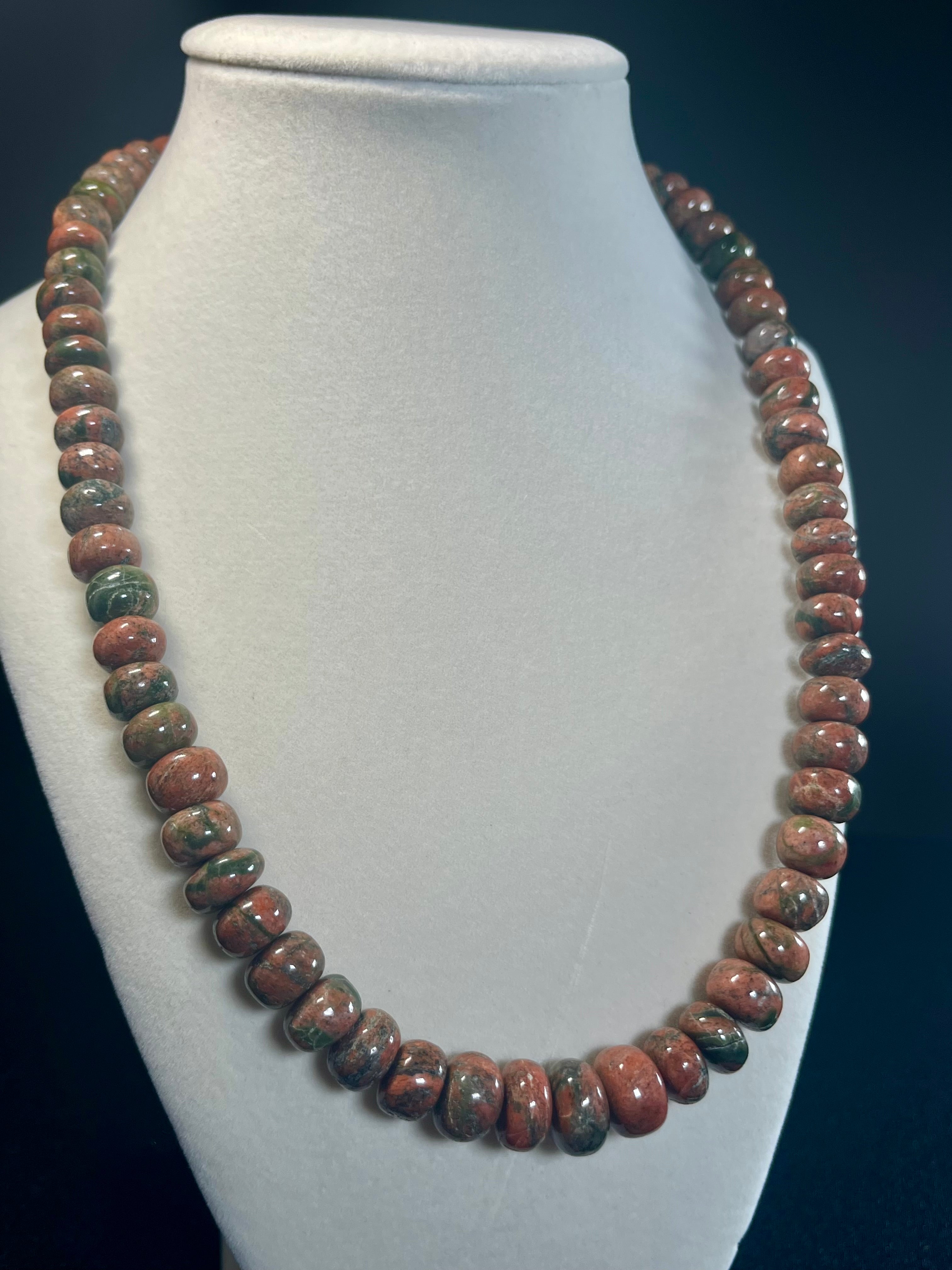 Unakite 5x6-6-9mm irregular rondelle bead silver clasp necklace