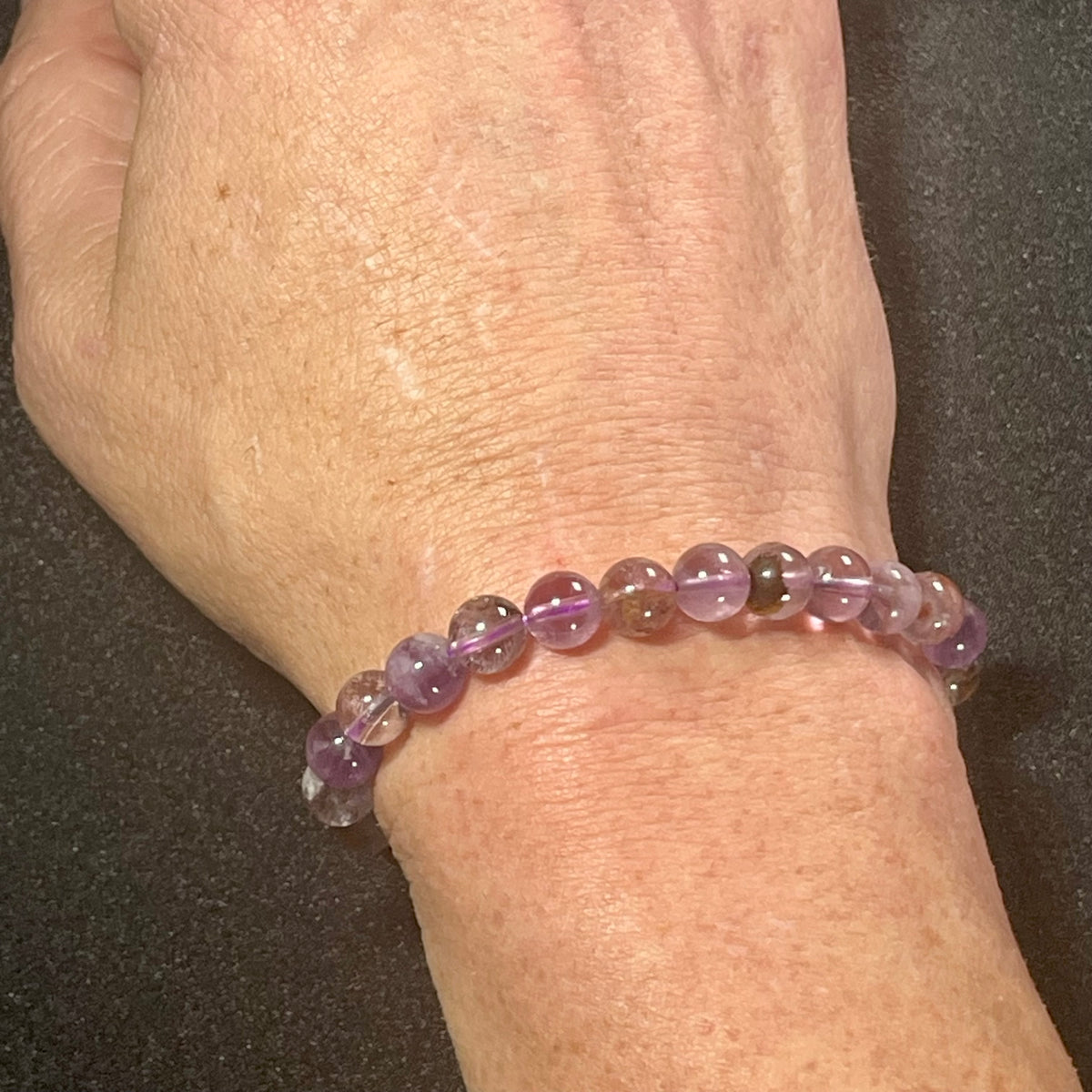 Purple Ghost Quartz (Phantom Quartz) smooth round 8mm bead stretch bracelet
