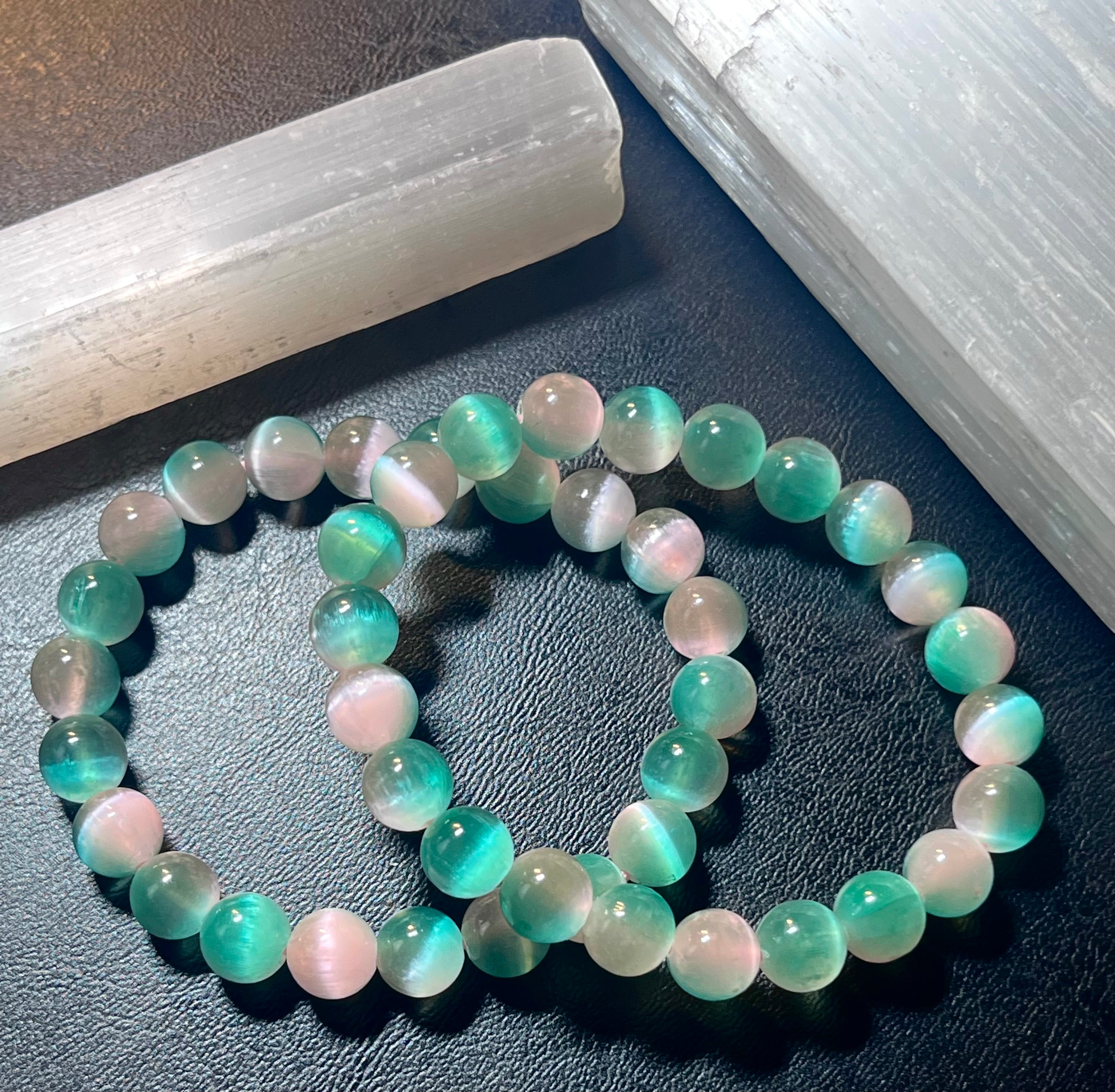 Sea Green & Light Pink Selenite smooth round 8mm bead stretch bracelet (dyed)