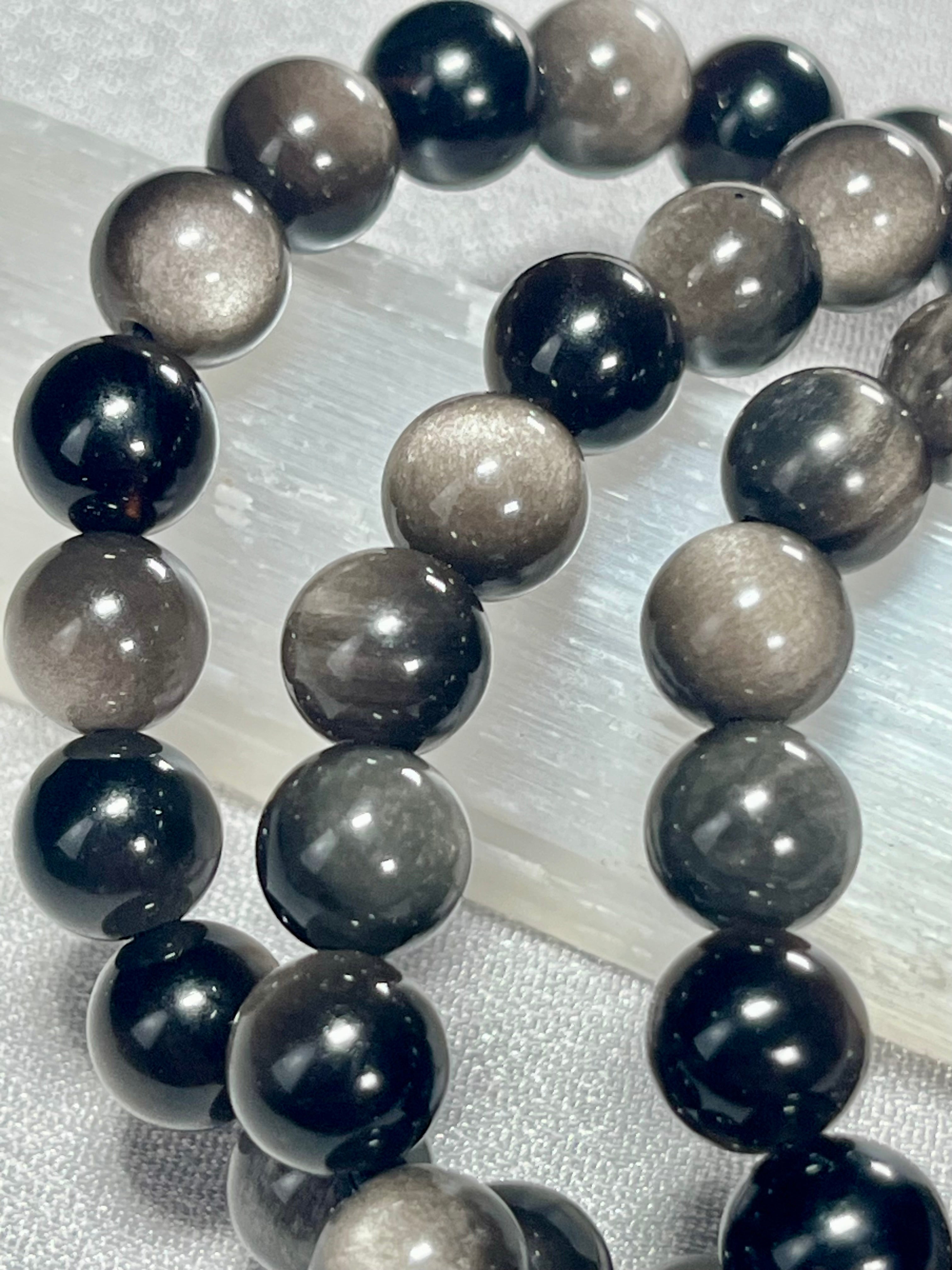 Silver Sheen Obsidian smooth round 8mm bead stretch bracelet