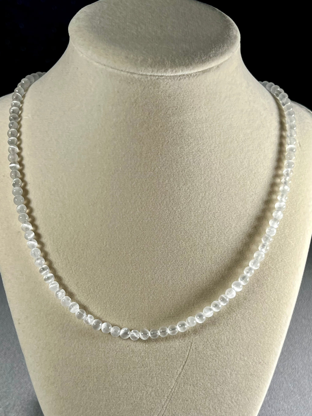 Selenite smooth round 4mm bead silver clasp & extension chain 22” adjustable necklace