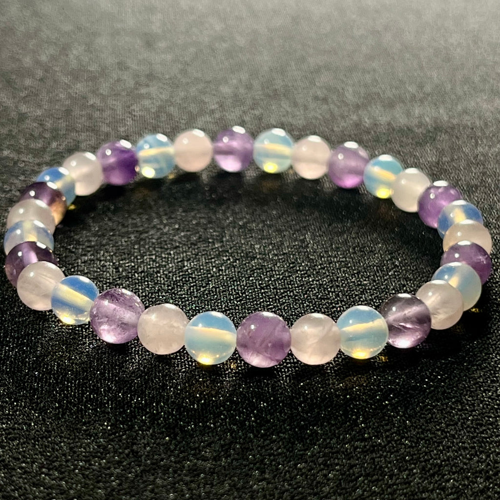 Rose Quartz, Amethyst, Opalite smooth round 6mm and 8mm bead stretch bracelet