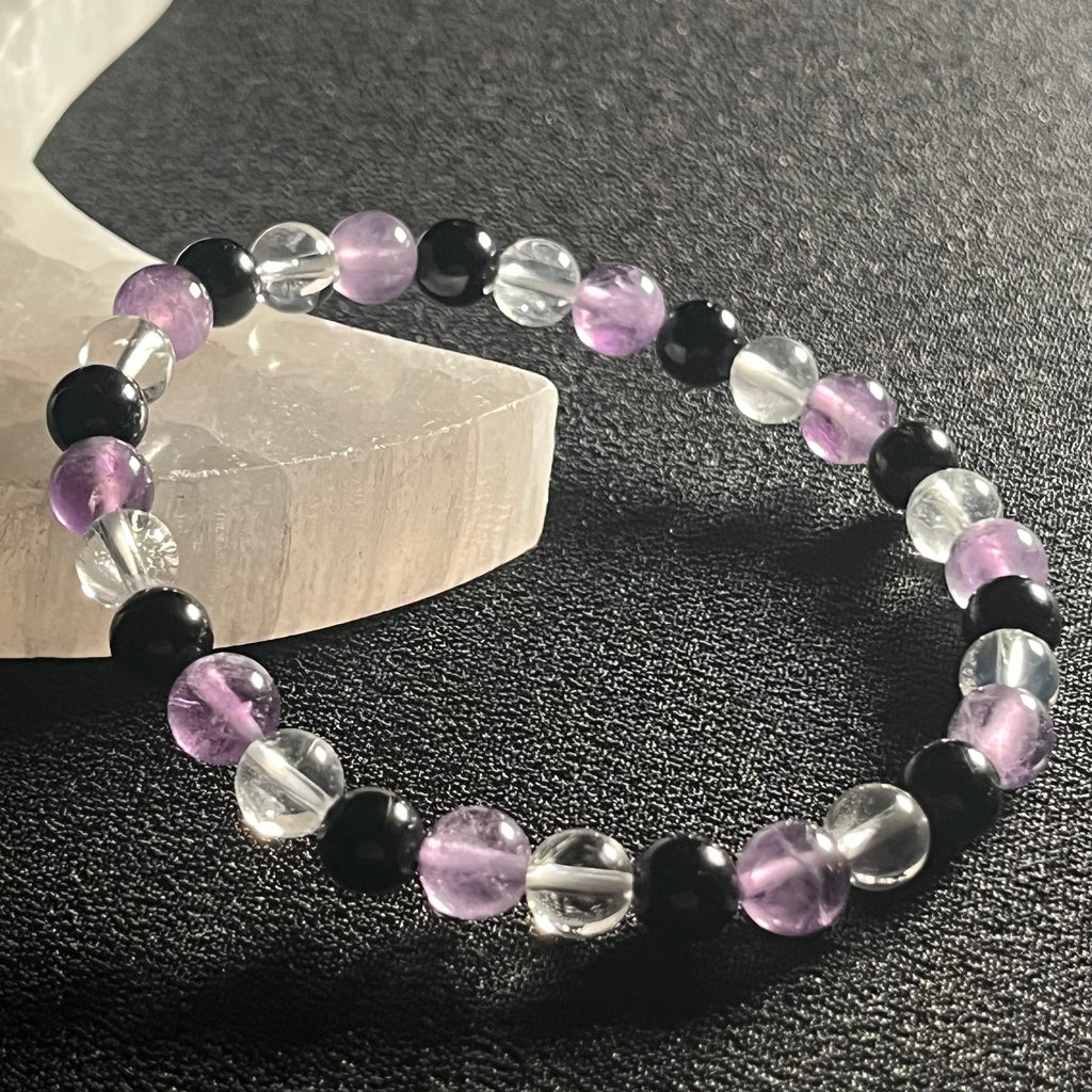 Amethyst, Black Tourmaline, & Rock Crystal Quartz smooth round 6mm bead stretch bracelet