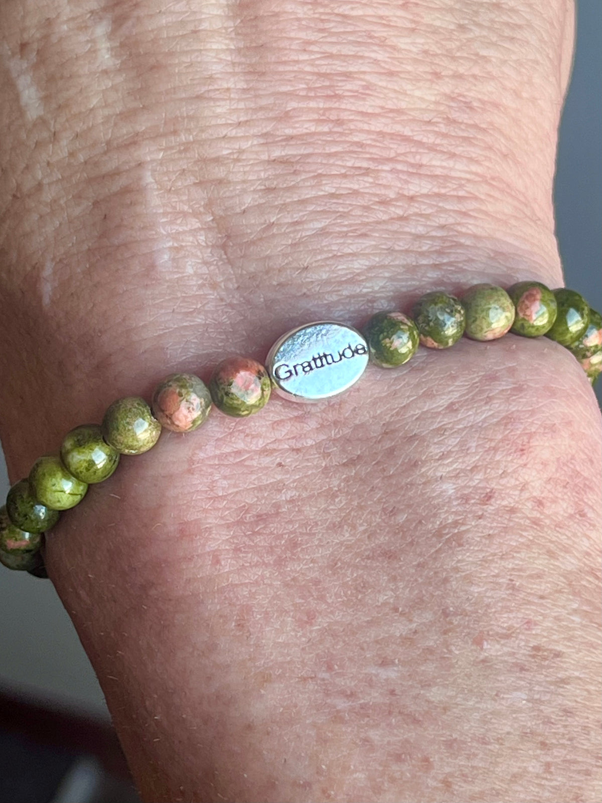 Recovery themed bracelets - Unakite smooth round 6mm bead stretch bracelets w/ focal bead Clean & Serene (silver), Gratitude (silver), Just For Today (gold), NA symbol (silver)