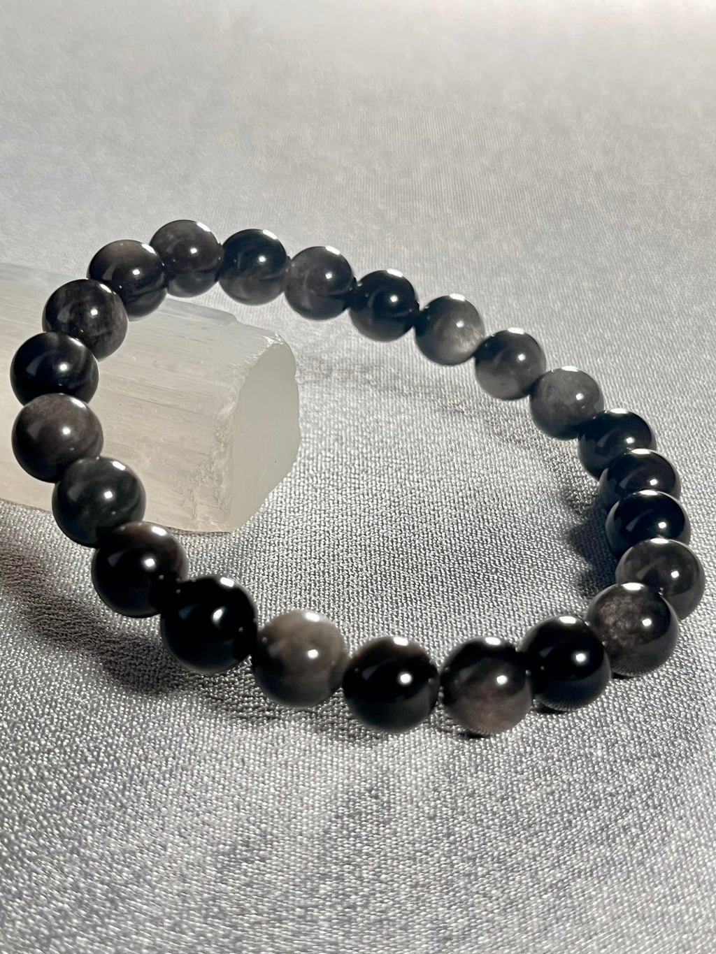 Silver Sheen Obsidian smooth round 8mm bead stretch bracelet