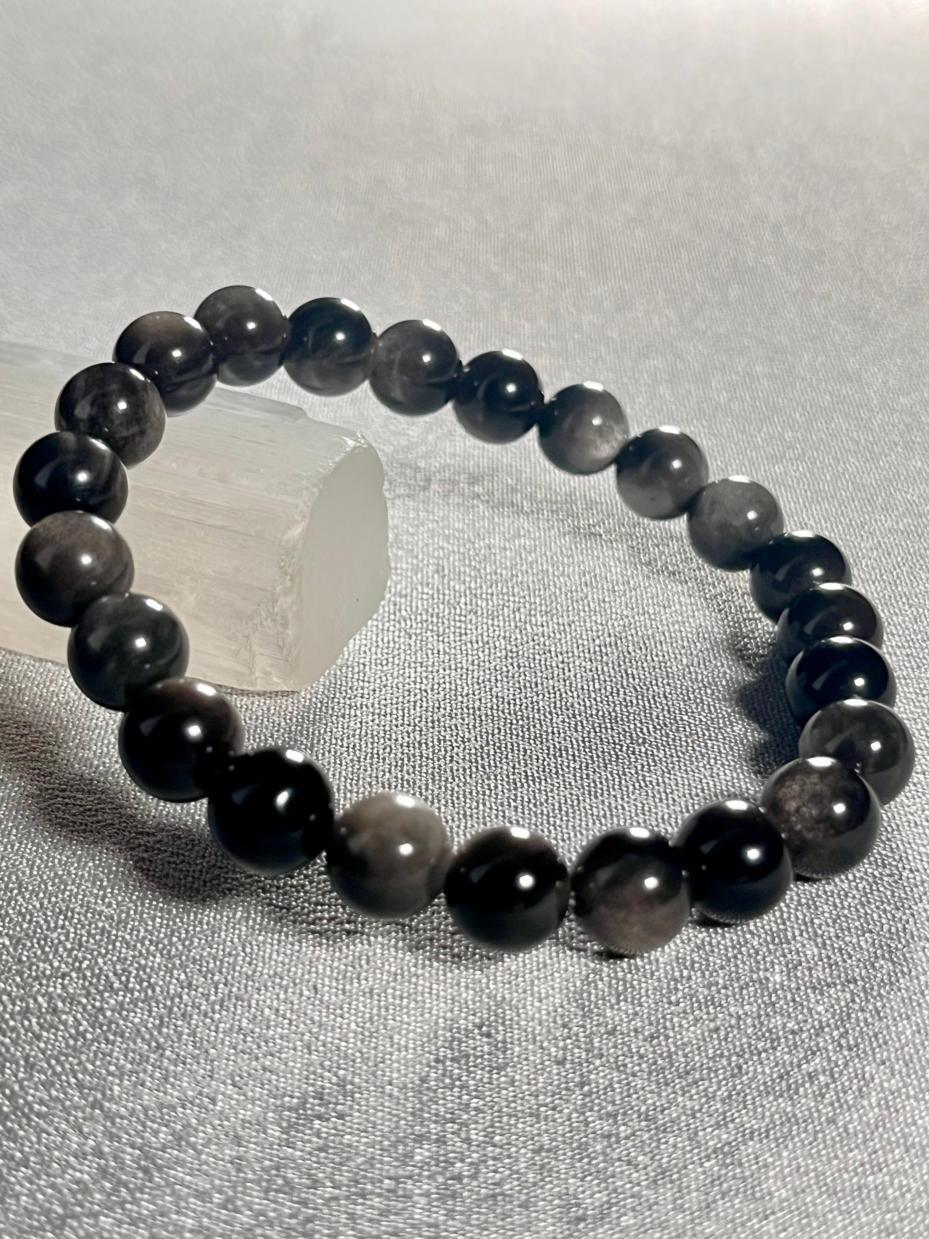 Silver Sheen Obsidian smooth round 8mm bead stretch bracelet