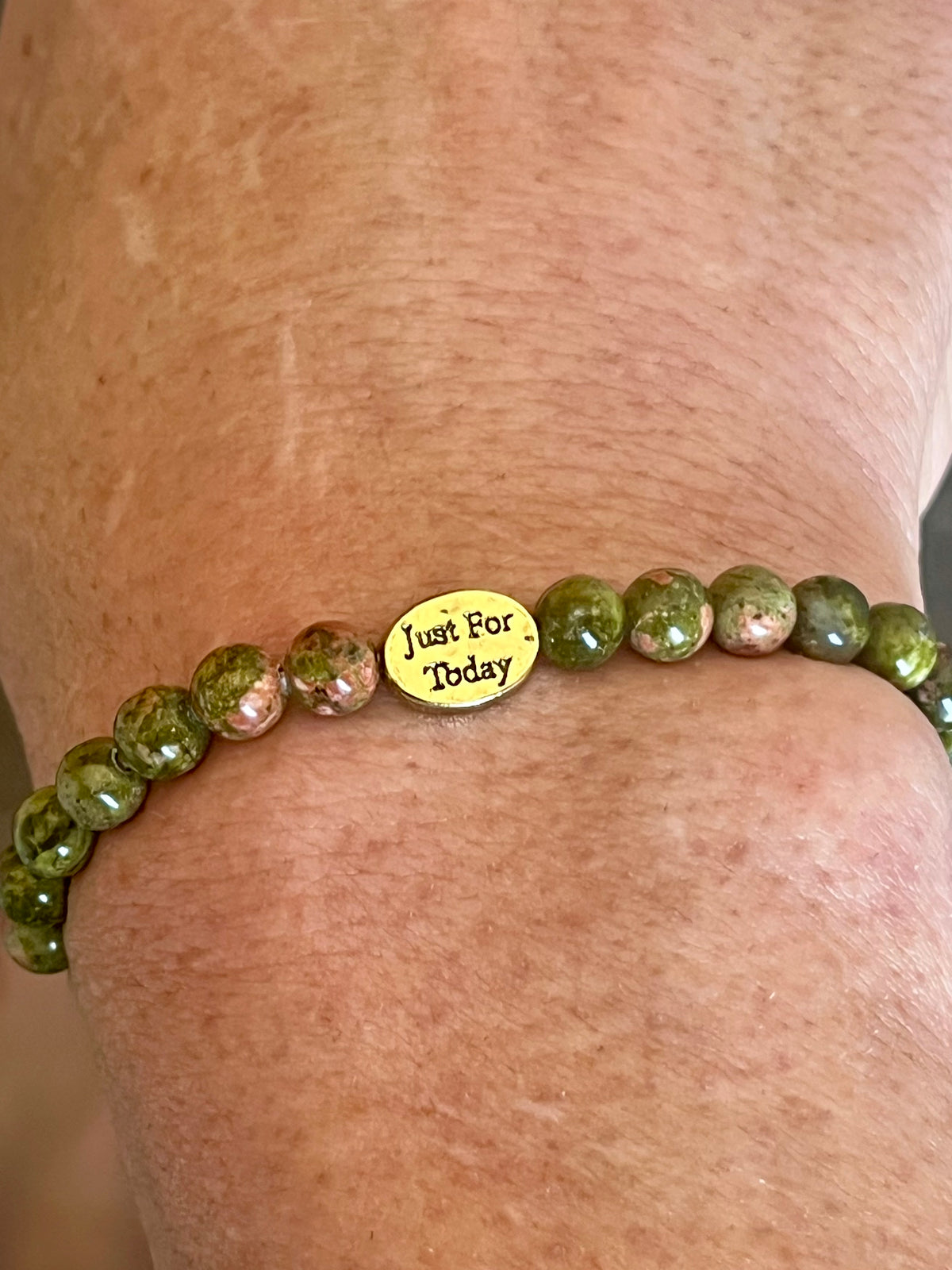 Recovery themed bracelets - Unakite smooth round 6mm bead stretch bracelets w/ focal bead Clean & Serene (silver), Gratitude (silver), Just For Today (gold), NA symbol (silver)