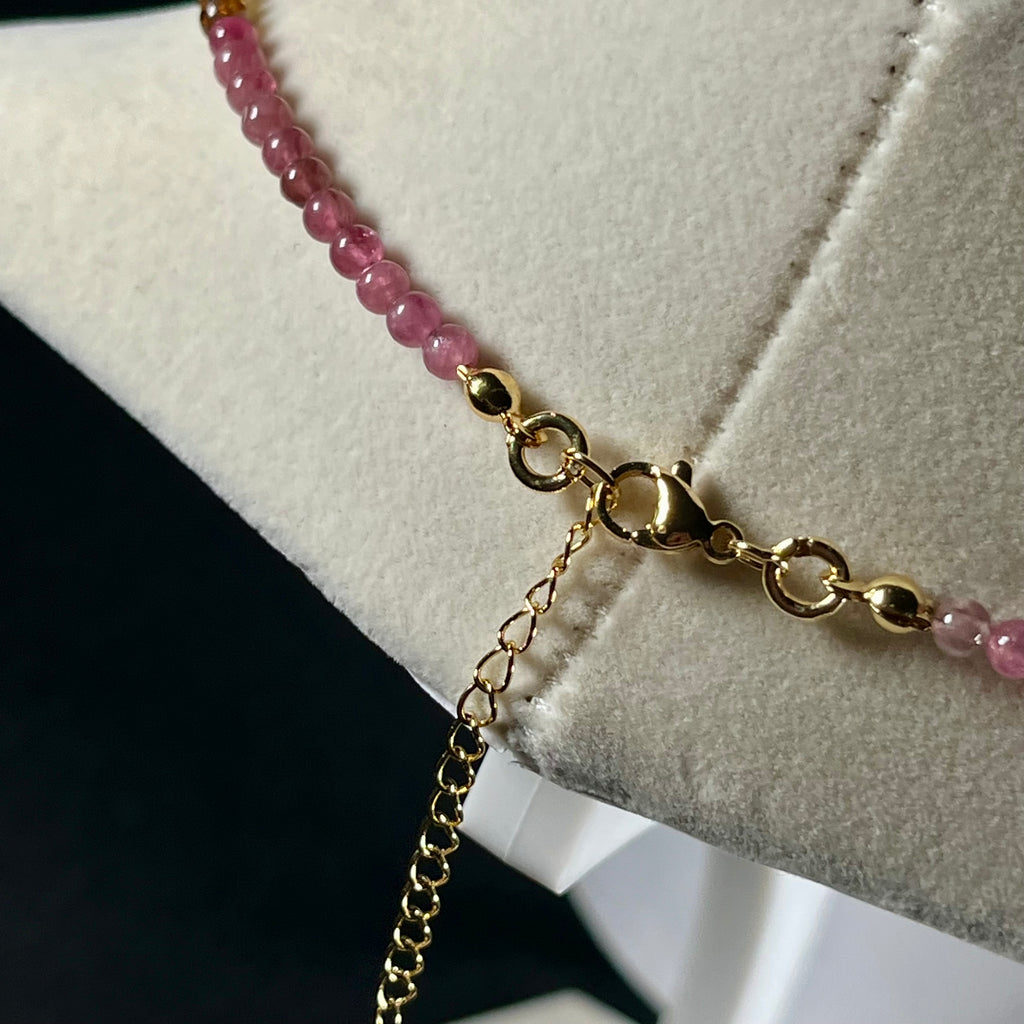 Multi Tourmaline ombre-style smooth round 4mm bead 23” necklace w/ 18k gold clasp & adjustable extension chain (premium grade); October birthstone