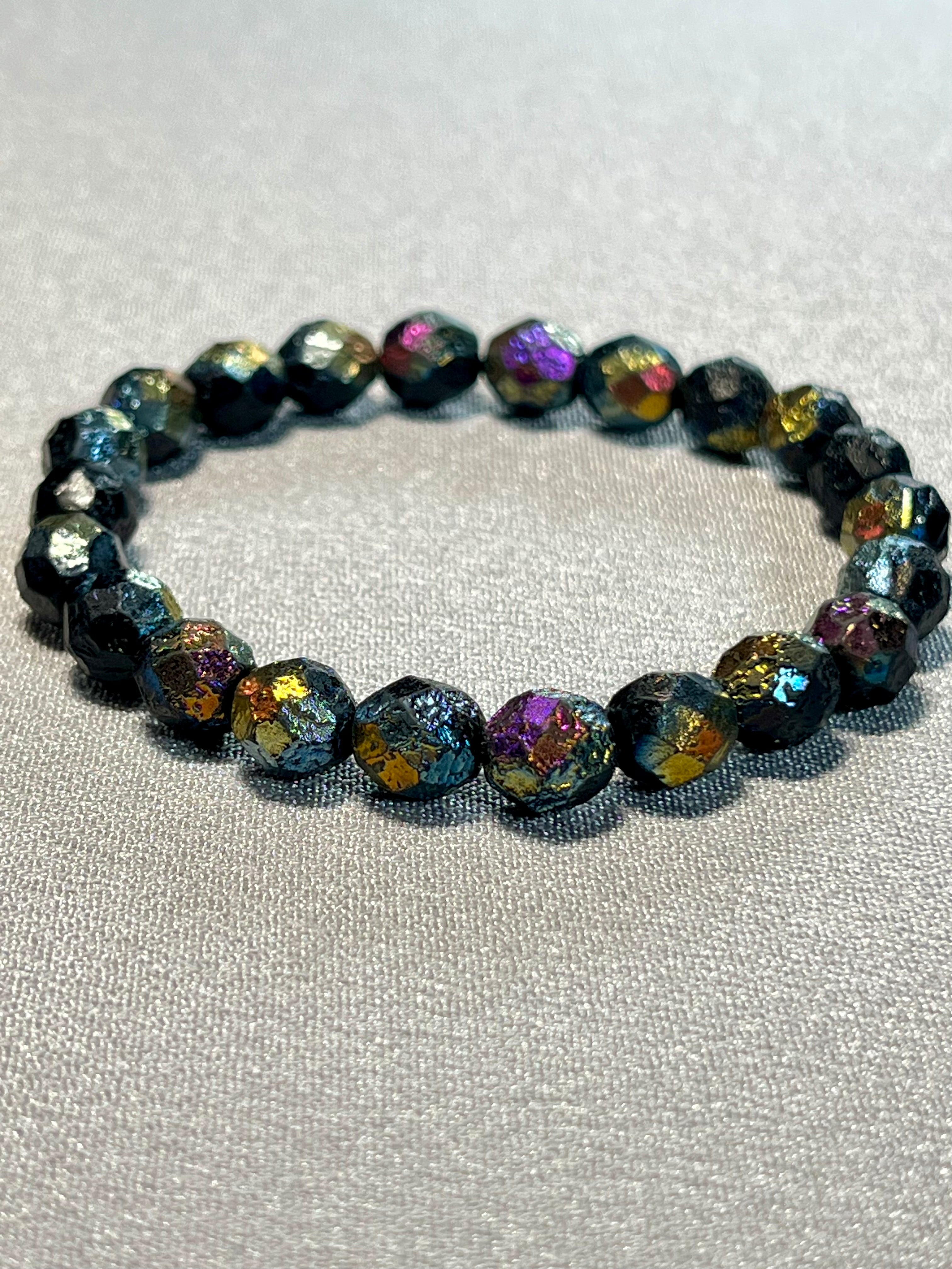 Czech Glass matte textured Jet Black Rainbow AB Fire Polished round 8mm bead stretch bracelet