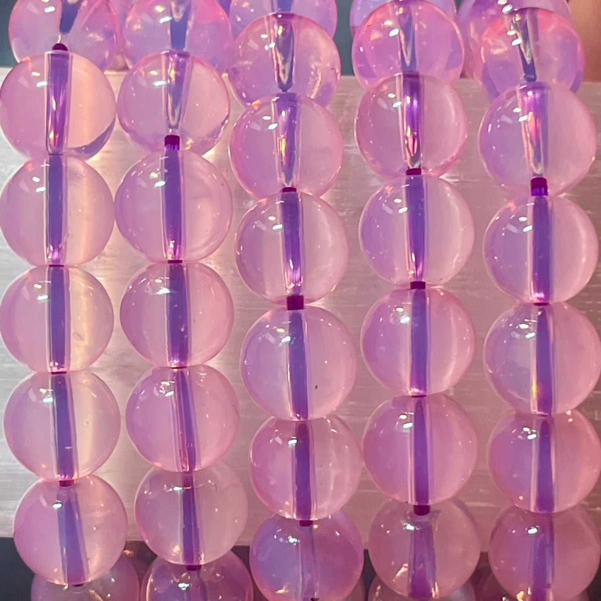 Plum Pink Opalite smooth round 10mm bead stretch bracelet (synthetic)