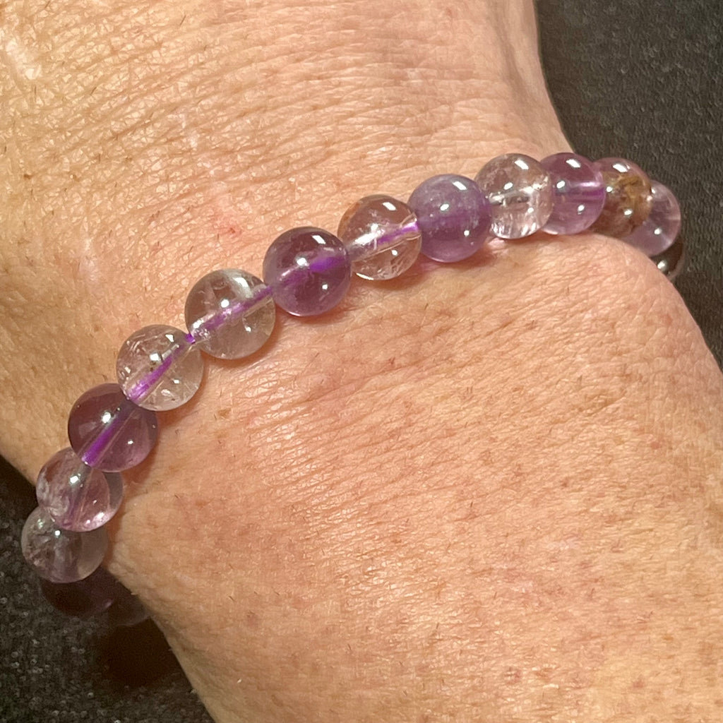 Purple Ghost Quartz (Phantom Quartz) smooth round 8mm bead stretch bracelet