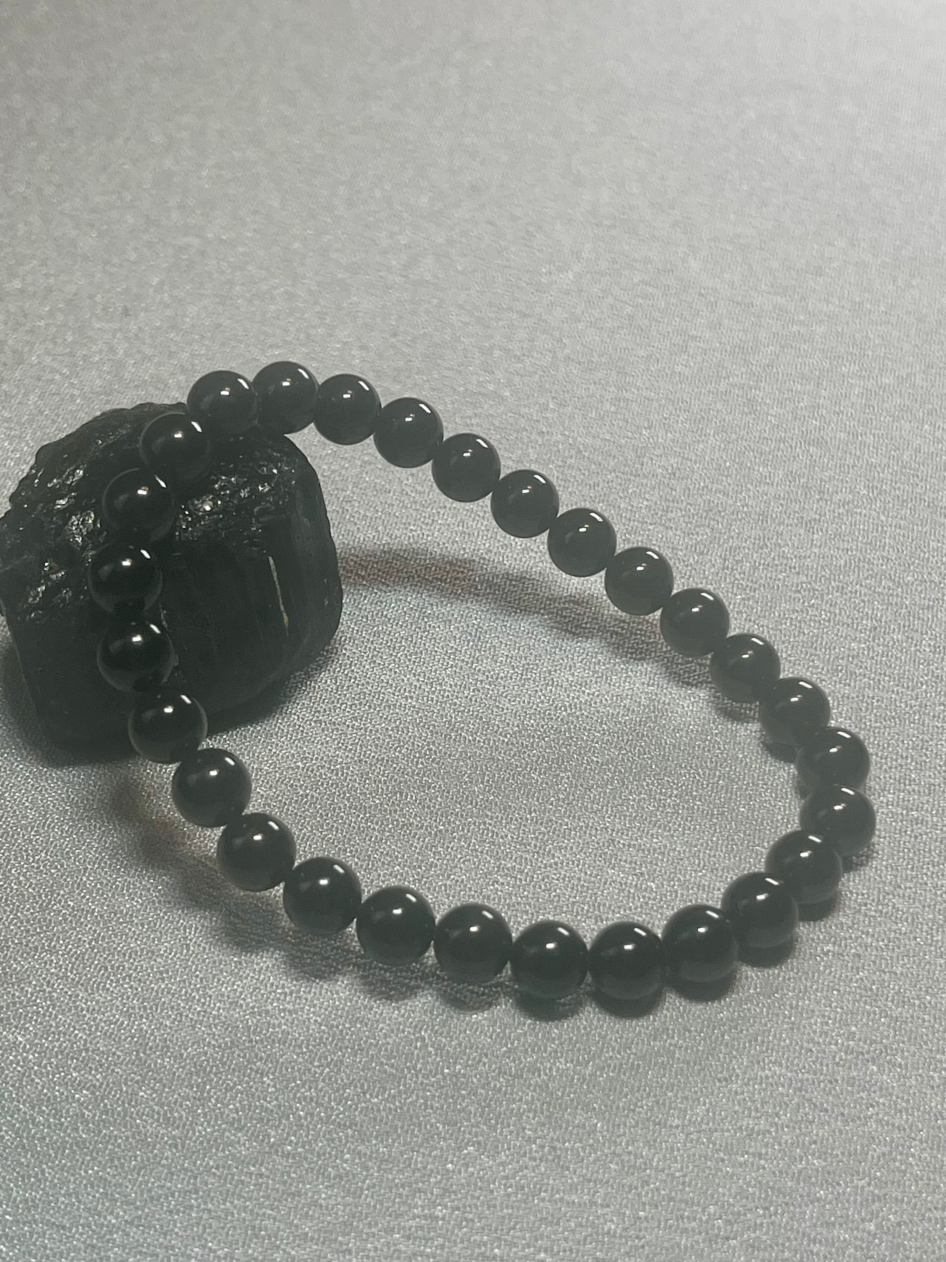 Black Tourmaline smooth round 6mm bead stretch bracelet (premium)