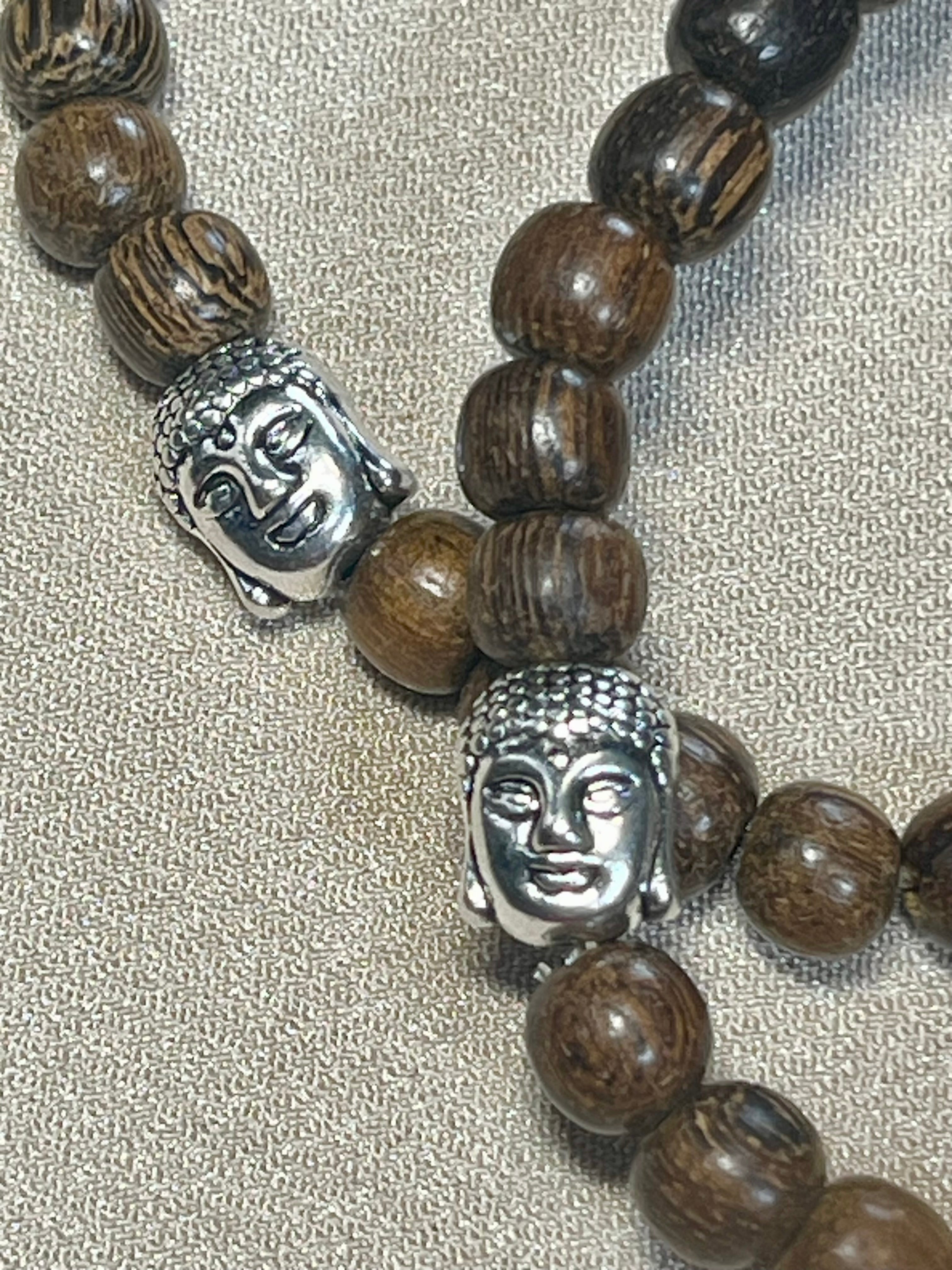 Philippines Robles Wood round 6mm bead stretch bracelet w/ silver Buddha focal
