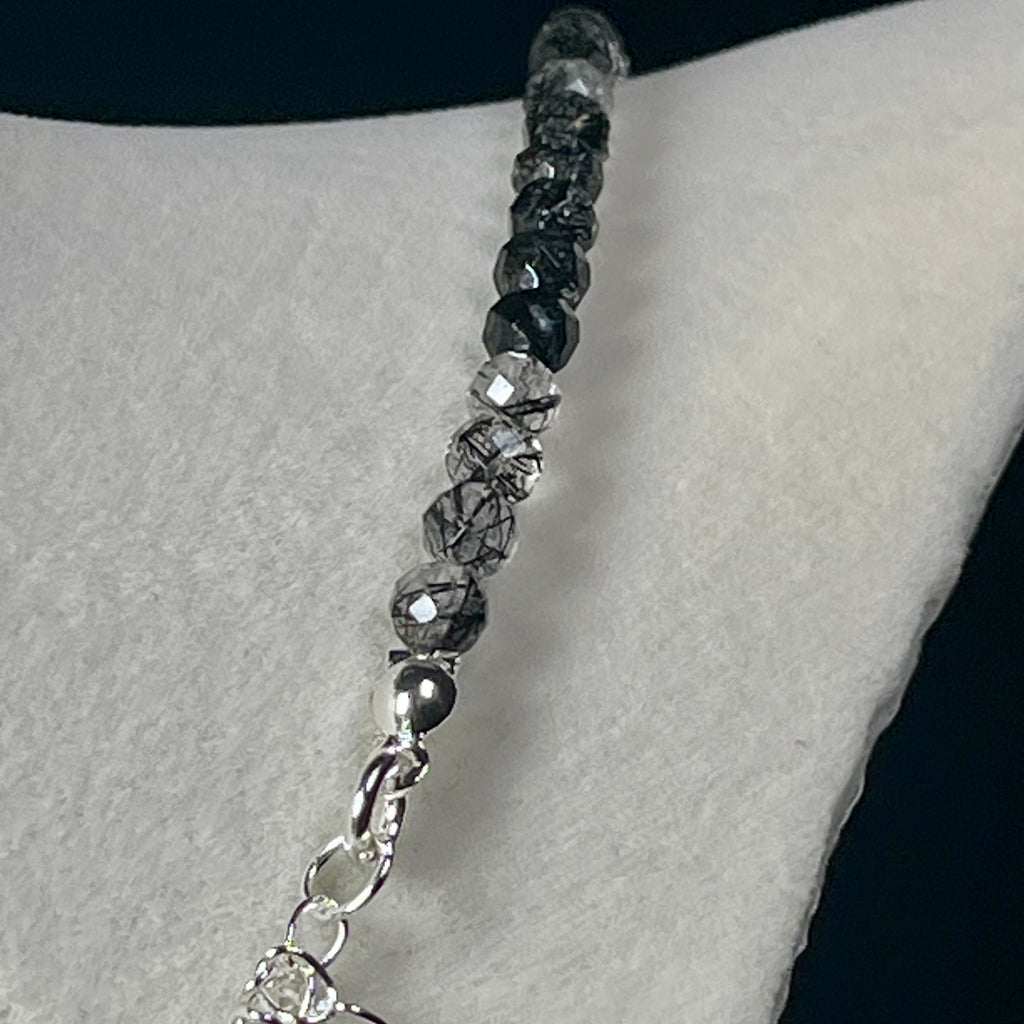 Black Tourmalated Quartz gradient color microfaceted round 4.5mm bead 22” adjustable necklace w/ silver clasp & chain