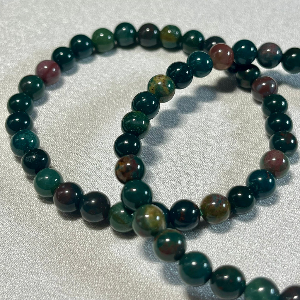 Bloodstone (Heliotrope) smooth round 6mm and 8mm bead stretch bracelet; alternative March birthstone